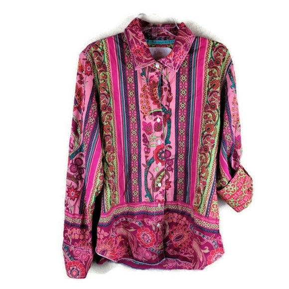 Cino Tops - Cino 100% Cotton Pink Multi-print Button-Down Shirt L